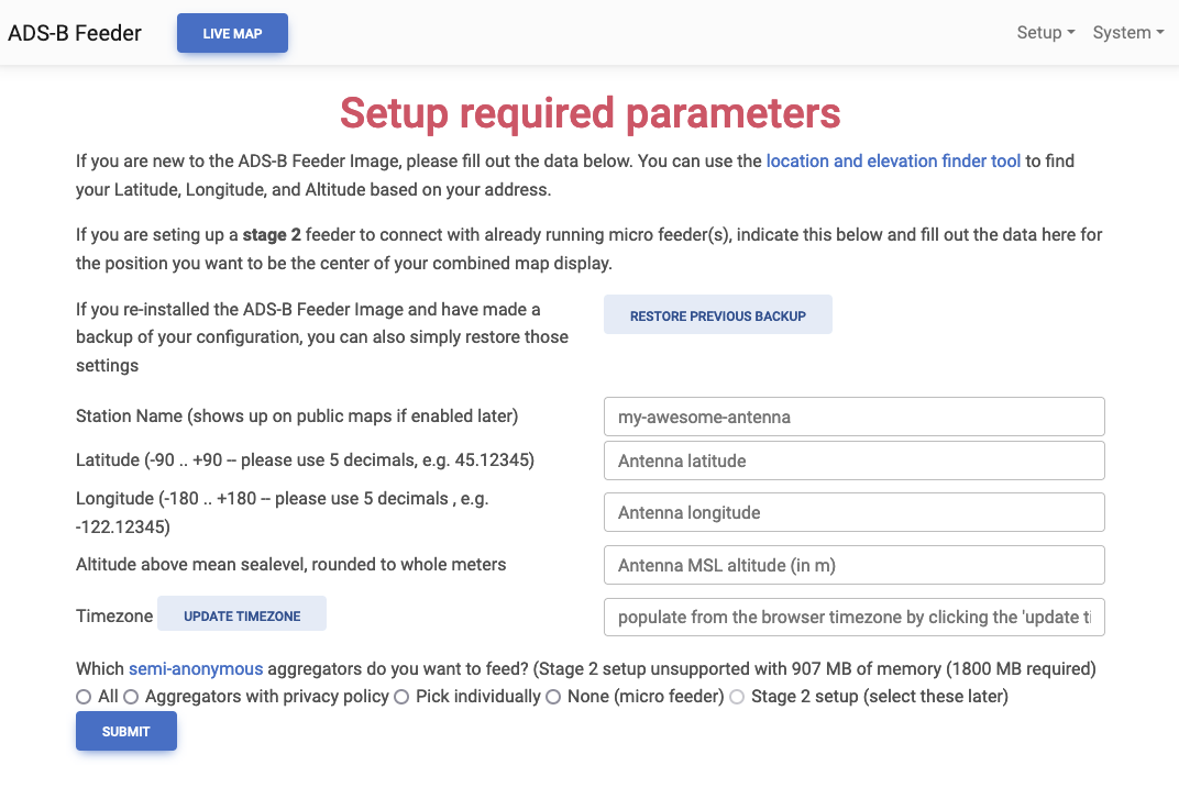 ADS-B Feeder Basic Setup screen